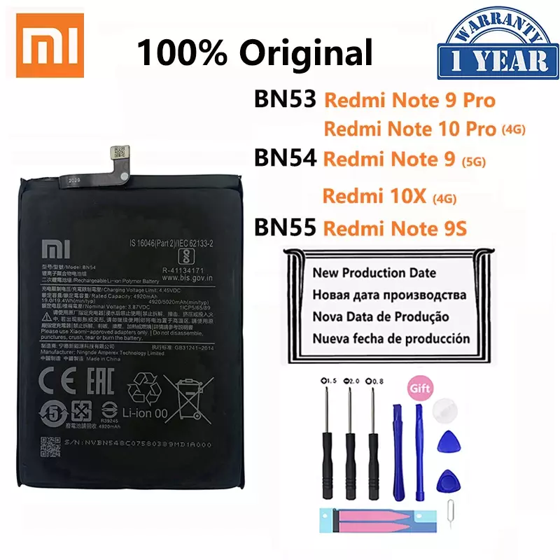 100% Original BN53 BN54 BN55  Phone Battery For Xiaomi Redmi note 9 10 Pro 9S 10X 4G 5G Replacement Batteries Bateria