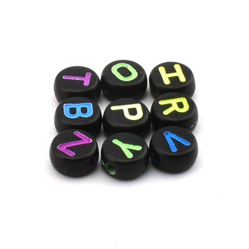 Perles acryliques rondes faites à la main pour la fabrication de bijoux, fond noir, perles de lettres colorées, bricolage, 7x4x1mm, 50 pièces par lot