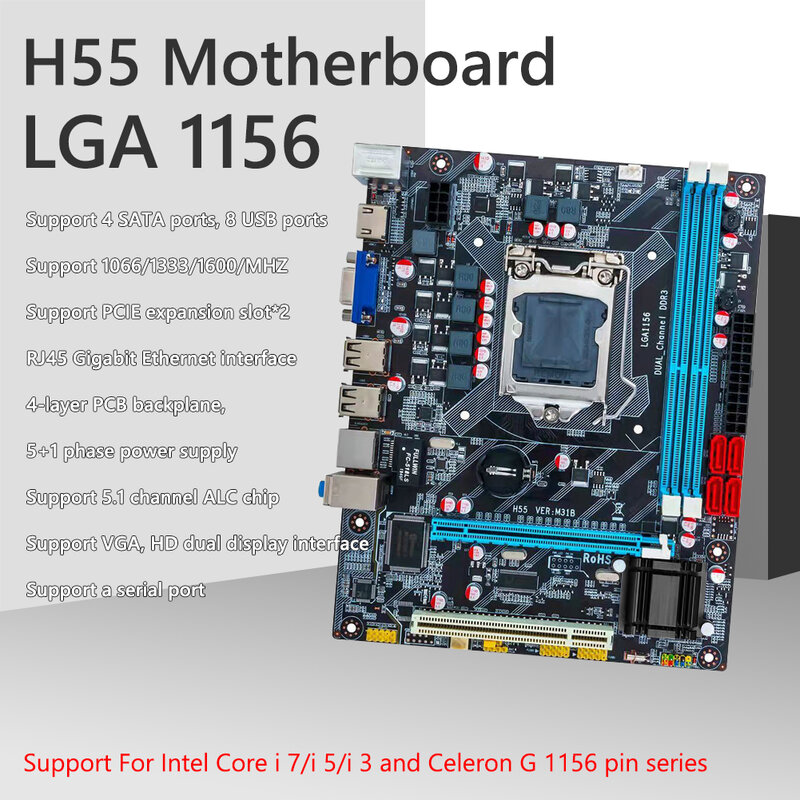 มาเธอร์บอร์ด H55หน่วยความจำ DDR3 LGA 1156เมนบอร์ดสำหรับเดสก์ท็อป LGA1156 Intel เมนบอร์ด I3 I5 I7 Xeon คอมพิวเตอร์ x3470การเล่นเกมที่รองรับ HDMI