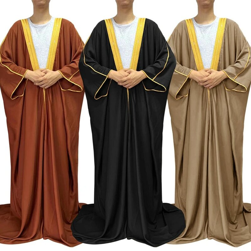 Men Arabian Cloak Bisht Thobe Eid Abaya Muslim Cloth Arab Saudi Jubba Long Sleeve Robe Uniform Mens Traditional Clothing