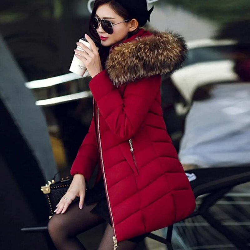 Winter Cotton Coat Furry Hat Edge Zipper Mid Length Padded Long Sleeves Winter пальто женское