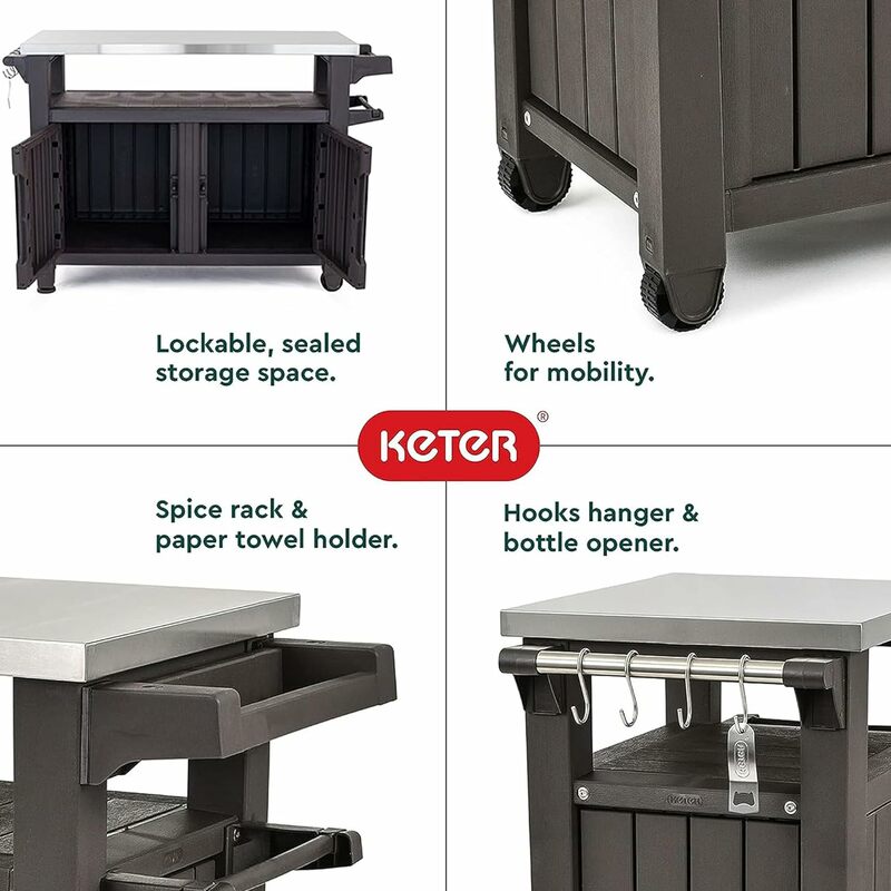 Keter Unity XL carrito de barra rodante para cocina al aire libre, con armario de almacenamiento, color marrón