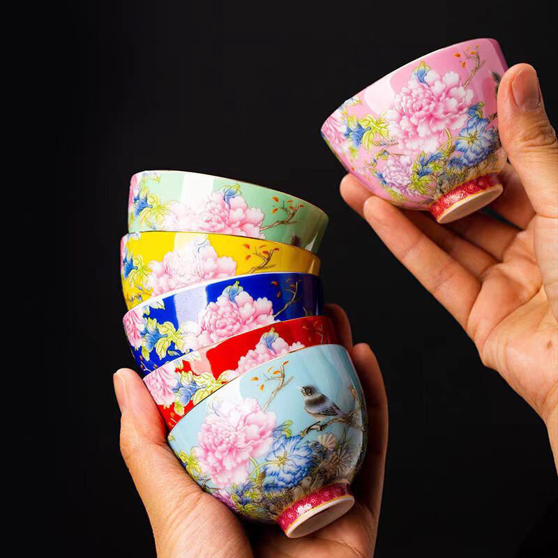 Tasse à thé en céramique colorée émaillée, bol à thé Kungfu, motif de fleurs, chapeau de maître décoré, cérémonie du thé standard, outil à boire, ensemble de 6 pièces