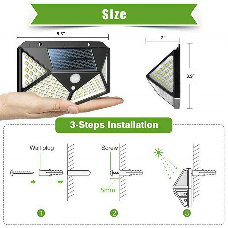 Newest Solar Lights Outdoor 100LED Wall Lamp 3 Modes Lighting Motion Sensor Security Wireless Waterproof Lights for Garden Decor
