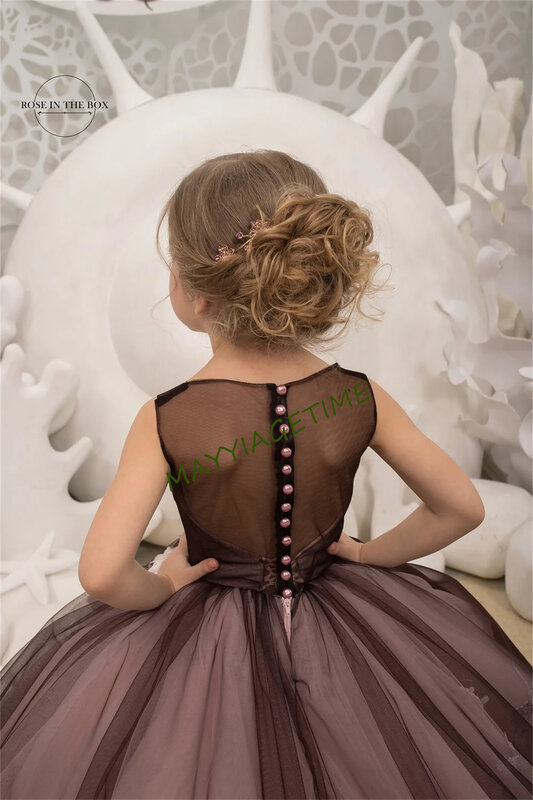 Black Tulle Princess Flower Girl Dresses For Wedding 2024 Elegant Applique Button Back Pageant Ball Gown For Photoshoot Birthday