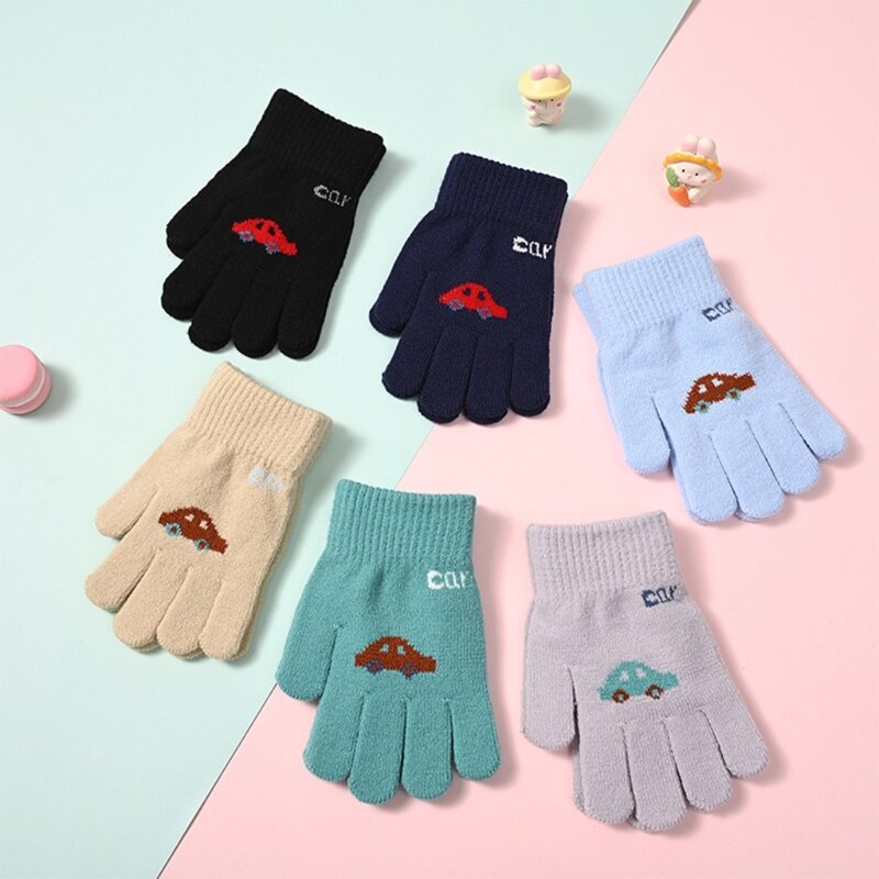 1 Pair Kids Knitting Gloves Full Finger Knitted Winter Stretch Gloves Warm and Stylish Cartoon Car Decor Mittens Solid