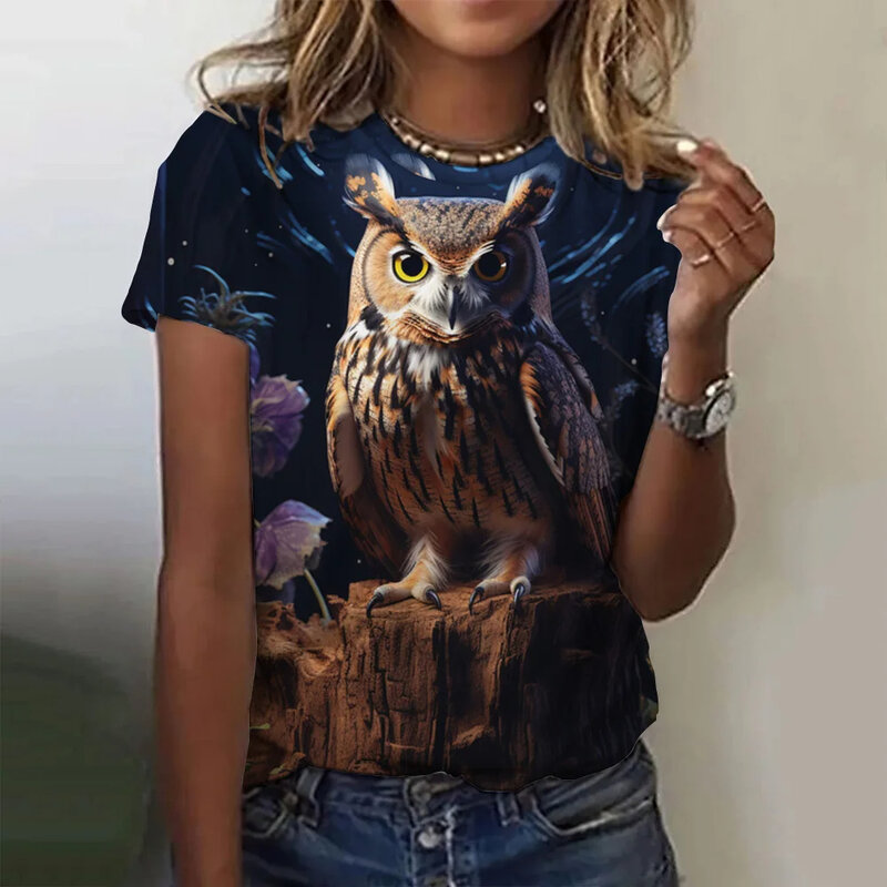 Fashion Women's Short Sleeved 3D Cute Owl Print T-shirt Paired with Animal Print Round Neck Casual Women's Clothing