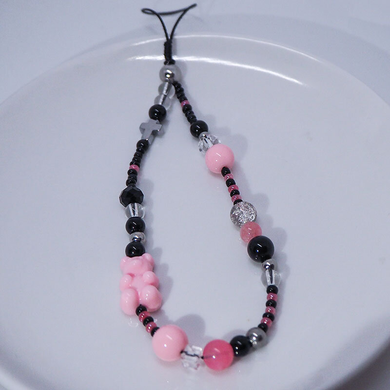 Pink Beruang ponsel Charm tali rantai Lanyard untuk wanita kaca hitam manik-manik perak silang gadis Y2K perhiasan liontin aksesoris