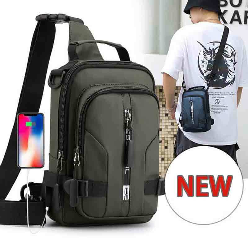 Waterproof Casual Chest Bag Men Multifunction Anti-theft USB Charging Men Crossbody Bag Nylon Canvas Travel Chest Bag Pack Male