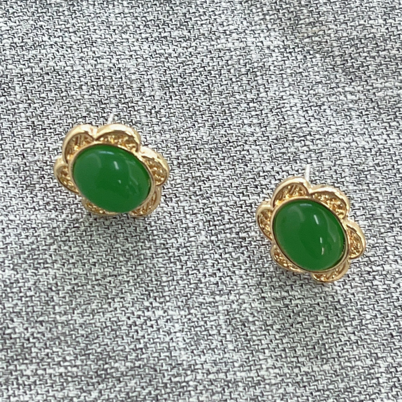 Vintage national style 925 silver needle green jade earrings earrings temperament flowers Hetian Yunv earrings