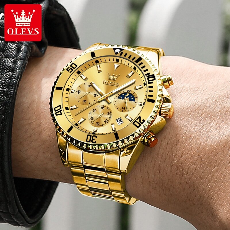 OLEVS 2870 zegarki męskie złoty kalendarz ze stali nierdzewnej faza księżyca chronograf 42.5mm duża tarcza męskie zegarki na rękę oryginalny