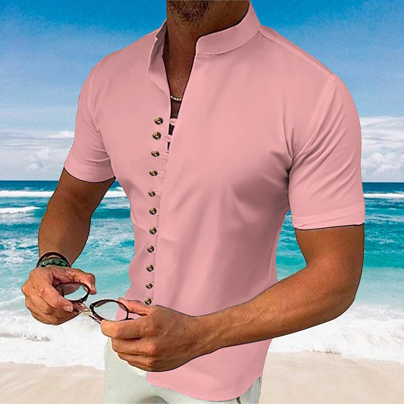 남성용 단색 루즈한 면 셔츠, 해변 스타일 캐주얼 버튼 스탠드 칼라 셔츠, 반팔 레저 가디건, 패션