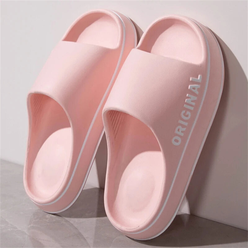Couple Men Women Solid Thick Sole Summer Beach Slides Bathroom Anti Slip Slipper Home Soft Sandals Ultra Light Letter Shoe