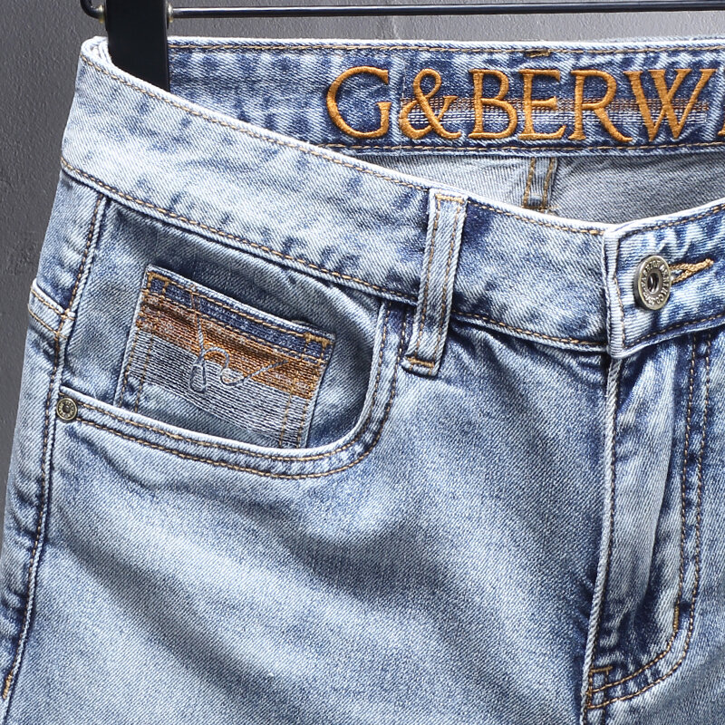 سراويل جينز للرجال على الطراز الكوري عالية الجودة بتصميم عتيق أزرق فاتح مرن ومناسب للتطريز سراويل جينز للرجال عتيقة من قماش الدنيم