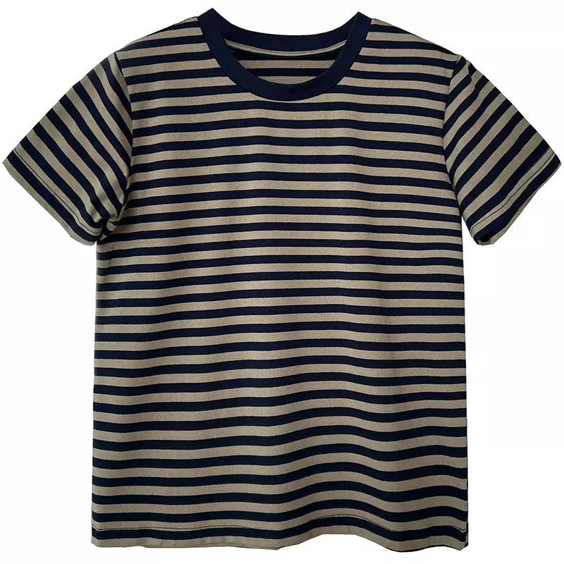 H018  Cotton women's Tshirt with striped O-neck loose
