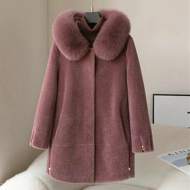 Женское шерстяное пальто с овчиной, однотонное пальто с капюшоном из натурального меха, E618, зимняя одежда, 2024