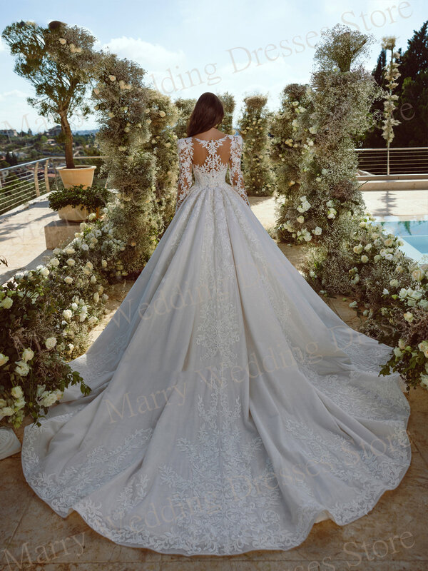 Gaun pengantin putri A-Line cantik gaun pengantin kancing sulaman renda baru gaun panjang lantai Sweep-line untuk wanita