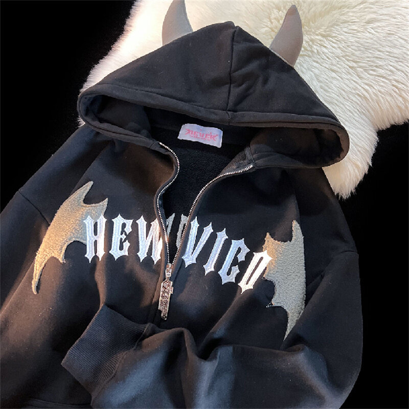 WARMOversized Sweatshirt Kawaii Clothes Dark Bat Wing Devil Horn Gothic Zip Up Hoodie Jacket Men Women Clothes Harajuku Winter
