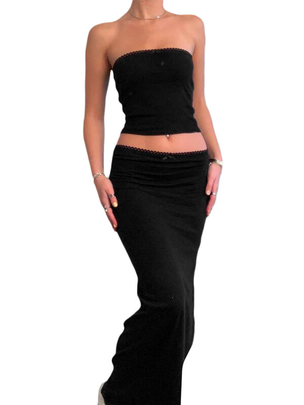 Damskie 2-częściowe długie komplety spódniczek krótka, bez ramiączek zakrętka tubki Bodycon długie spódnice letnie dwuczęściowy strój stroje plażowe Y2k F-czarne duże