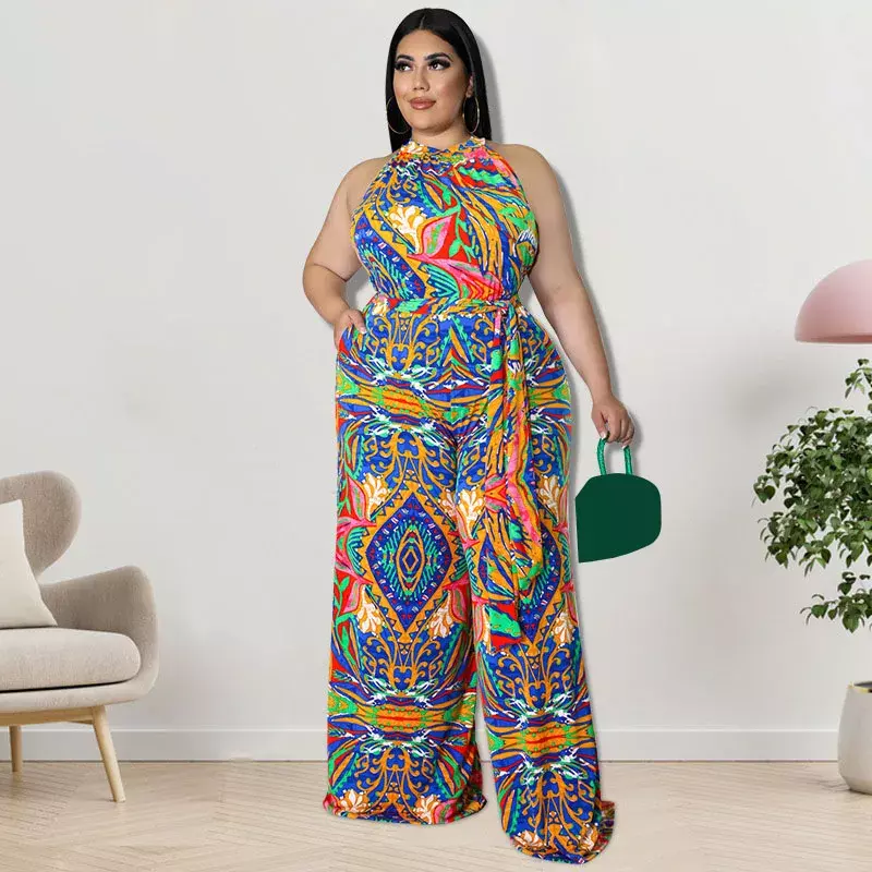 WUHE Beach Style Print Plus Size Women Sleeveless Wide Leg Straight Jumpsuit for 2024 Summer Sexy Party Club Overall Playsuit