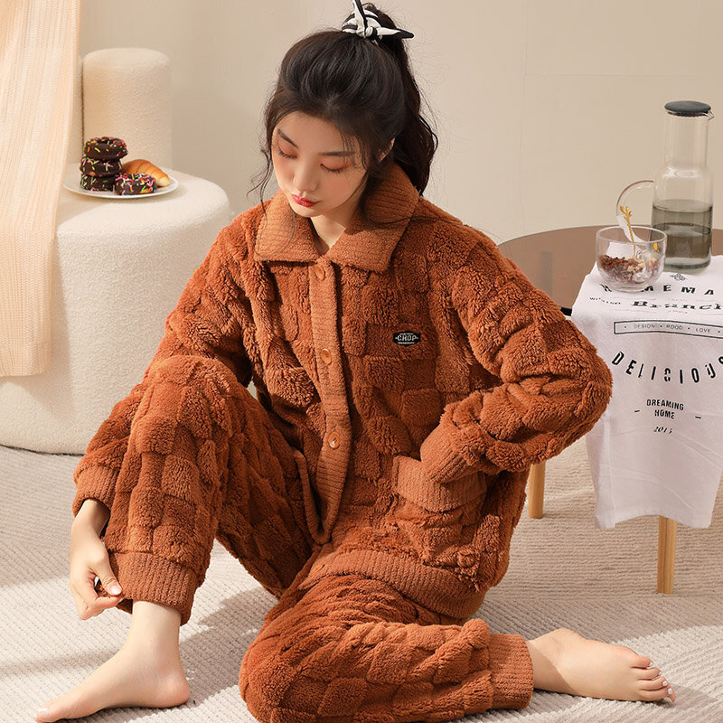 Pijama de flanela de pelúcia feminina cardigã de lapela, velo coral grosso solto, terno de serviço doméstico, aquecido, traje de treino casual outono inverno
