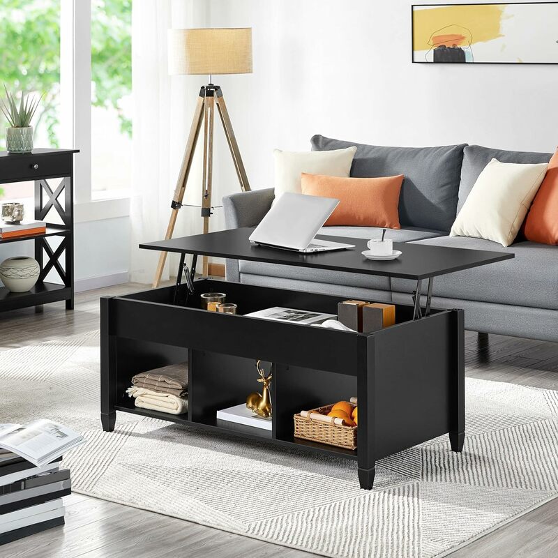 Schwarzer Couch tisch, 47,5 Zoll Couch tisch, Mittel tisch mit verstecktem Fach und 3 offenen Regalen für das Wohnzimmer