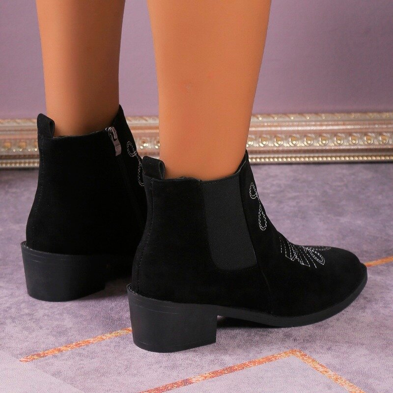 2023 Winter Med Heel Schuhe für weibliche Seite Reiß verschluss Damen Stiefeletten Square Heel Damenschuhe sticken spitze Zehen Damen stiefel