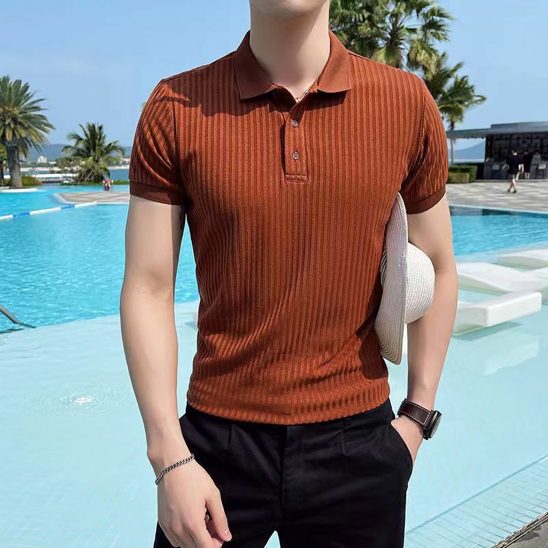 Men's Clothing Luxury Knitted Polo Shirt Casual Striped Button Down Solid Color Short Sleeve Tees Breathable 2024 Summer New