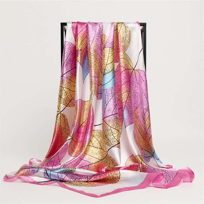 Lenço de seda em folha de bordo para mulheres, grande protetor solar quadrado, lenço decorativo, verão 90cm, nova imitação