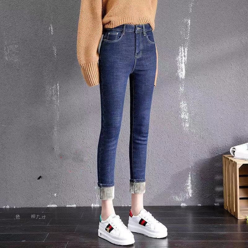 Jeans tebal mewah untuk wanita, celana Jin pinggang tinggi elastis kasual berkancing ritsleting warna polos elegan mode baru musim gugur dan musim dingin