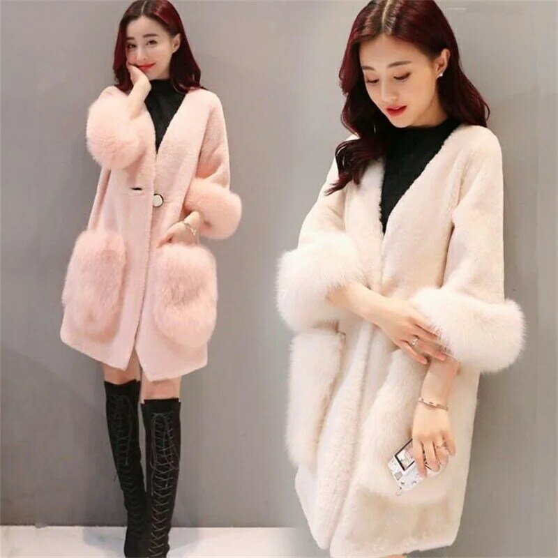 Mulheres inverno novo comprimento médio imitação casaco de pele beleza cordeiro lã vison solto casaco feminino faux raposa lã ovelha corte lã jaqueta