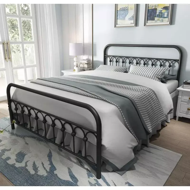 YALAXON Vintage Sturdy Queen Size Metal Bed Frame Basic with Headboard and Footboard,No Box Spring Needed,Under Bed Storage (Que