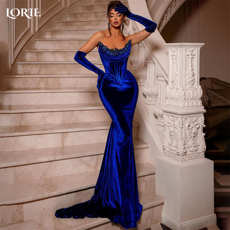 LORIE-Robe de Soirée Sirène Bleu Royal, Tenue de Bal Plissée, avec Perles, Dos aux, pour ixde Célébrité, sans Gants