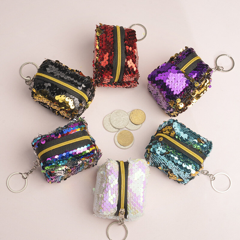 Cute Glitter Sequin Coin Purse Children Shiny Mini Wallet Women Square Bag Fashion Key Earphone Lipstick Storage Bag Pendant