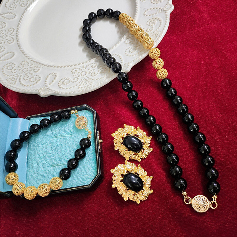 Colar bola de cobre de ágata preta conjunto para mulheres, jóias vintage para menina, moda