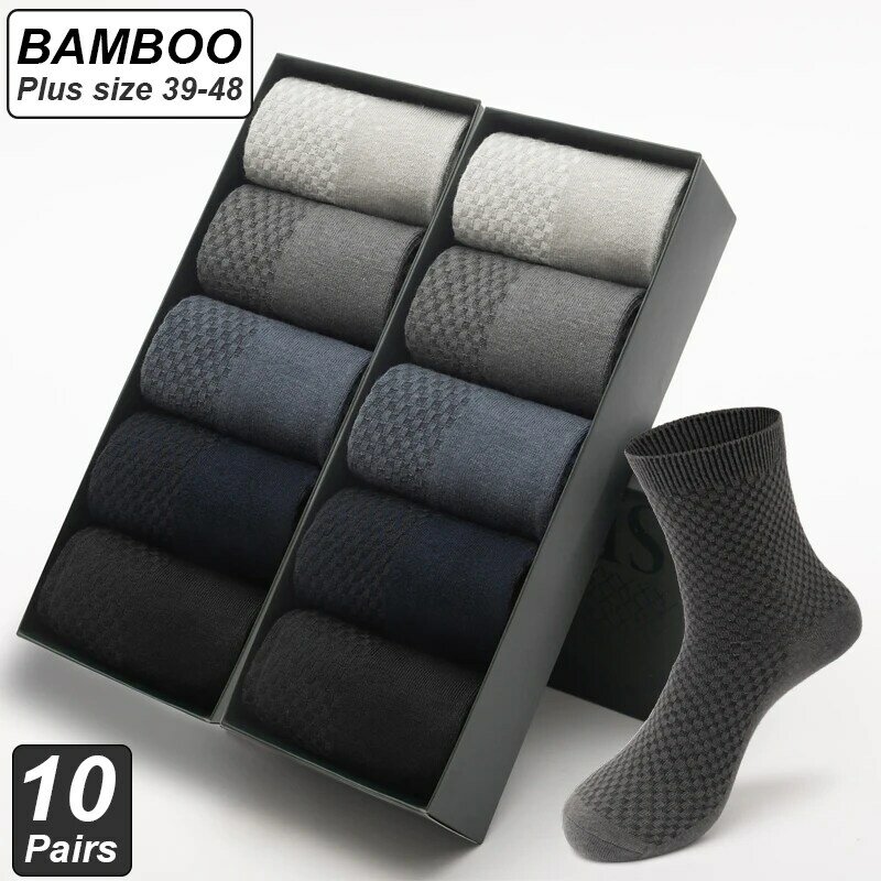Calcetines largos de fibra de bambú para hombre, medias suaves y transpirables de negocios, color negro, de alta calidad, talla grande 39-48, para otoño, 10 pares por lote