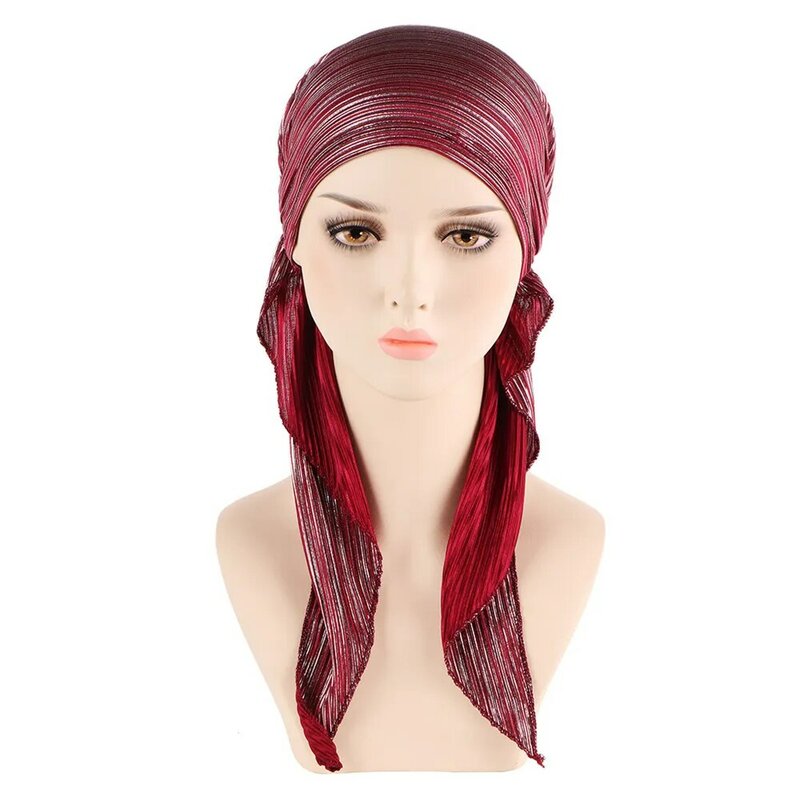 Glitter berkilau elastis warna Solid, jilbab ikat kepala syal Muslim untuk wanita