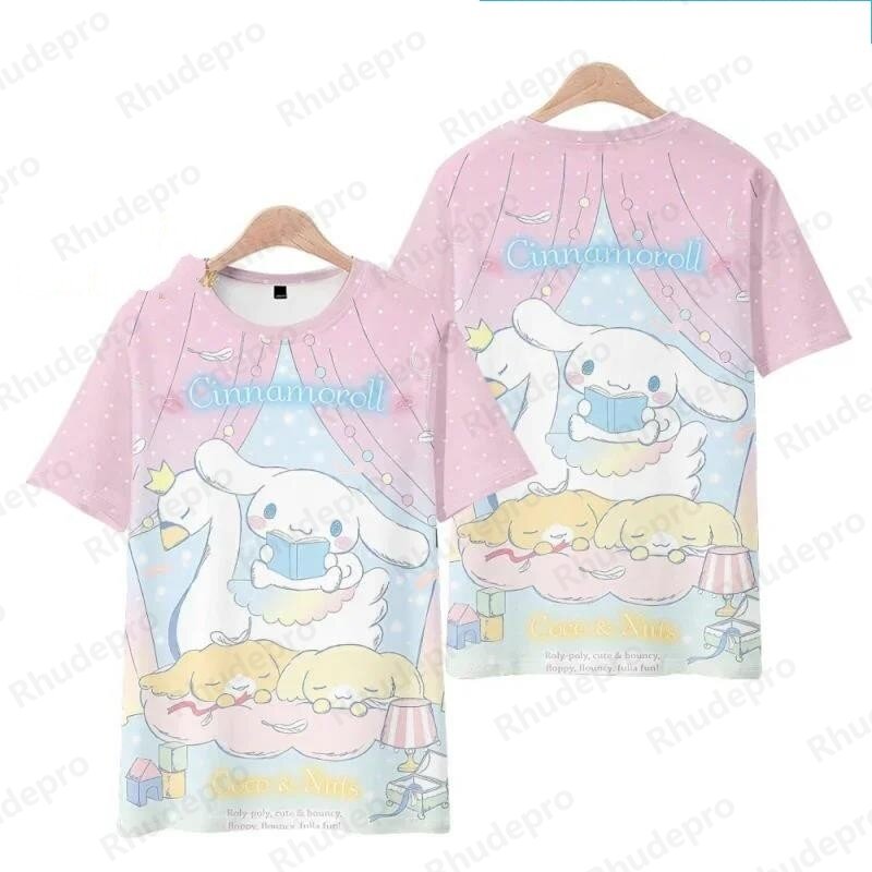 Kaus anak lucu San Kawaii 2024 Kaos Oblong lengan pendek musim panas kartun Cinnamoroll Anime Wanita Pasangan longgar Streetwear ukuran besar