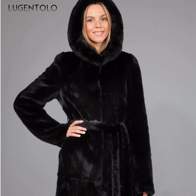 Kobiety ciepłe płaszcz ze sztucznego futra kaptur w kolorze czarnym jesienne zimowa wysokiej jakości kobiece nowe casualowe eleganckie miękkie puszyste uliczne długa odzież wierzchnia