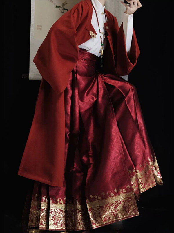 Винтажный кардиган Hanfu, платье с квадратным вырезом и изображением лошади, осень/зима, женский новогодний комплект