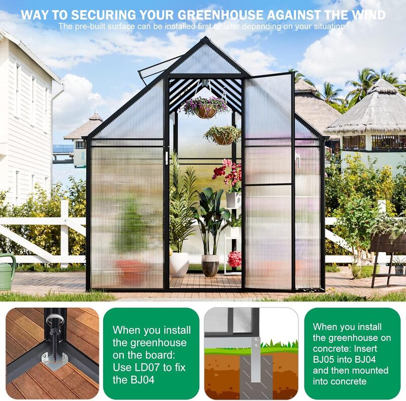 Invernadero grande de policarbonato para exteriores, invernadero de aluminio con ventana de ventilación, puerta abatible y fácil montaje, 6 pies