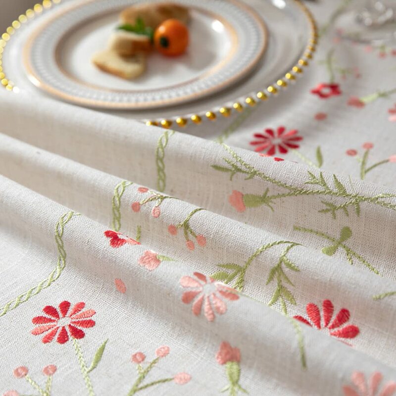 Mantel bordado con patrón Floral, cubierta decorativa de algodón y lino para mesa de exterior, sin arrugas, peso pesado