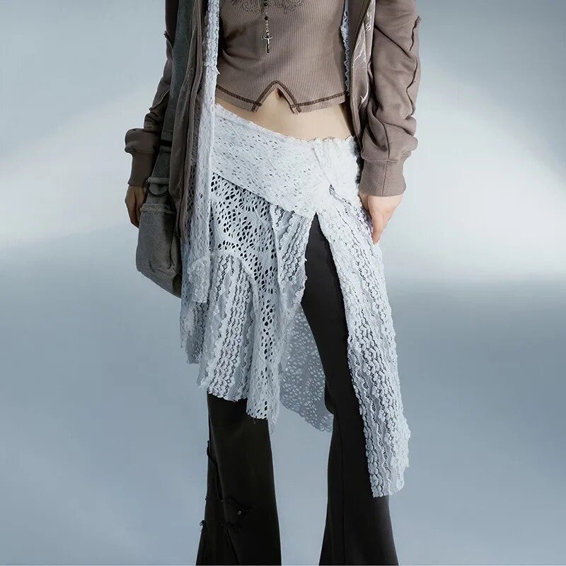 Deeptown Grunge Aesthetics Lace Skirt Japanese Y2k Women Vintage Irregular Short Skirts Tulle White Patchwork Streetwear Skirt