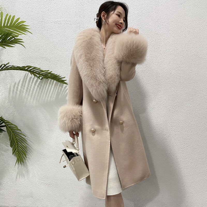 ยาวแคชเมียร์ Coat แจ็คเก็ตฤดูหนาวจริงขนาดใหญ่ Fox Fur Collar แฟชั่นผสมผ้าขนสัตว์ Overcoat สุภาพสตรี Streetwear เข็มขัด