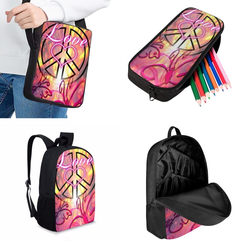 Jackherelook-어린이 학교 가방, 핑크 피스 패턴 프린트 패션, 여아 캐주얼 배낭, 대학생 노트북 가방, Mochilas