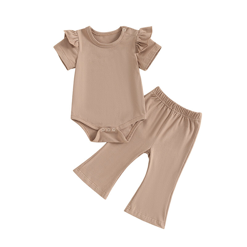 Baby Girl Pants Outfit Solid Color Short Sleeve Romper with Flare Trousers 2Pcs Summer Clothes