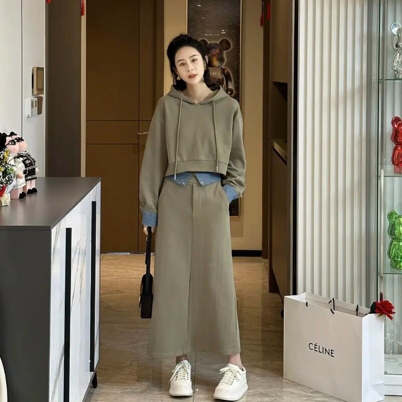 Hoodies estilo coreano e saias de cintura alta para mulheres, saia curta linha A, roupas femininas da moda, outono, novo, 2023