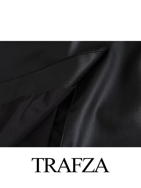 TRAFZA-Casaco feminino de manga comprida, jaqueta de couro sintético, casaco de imitação, couro sintético, preto, elegante e chique, oficial e novo, outono e inverno