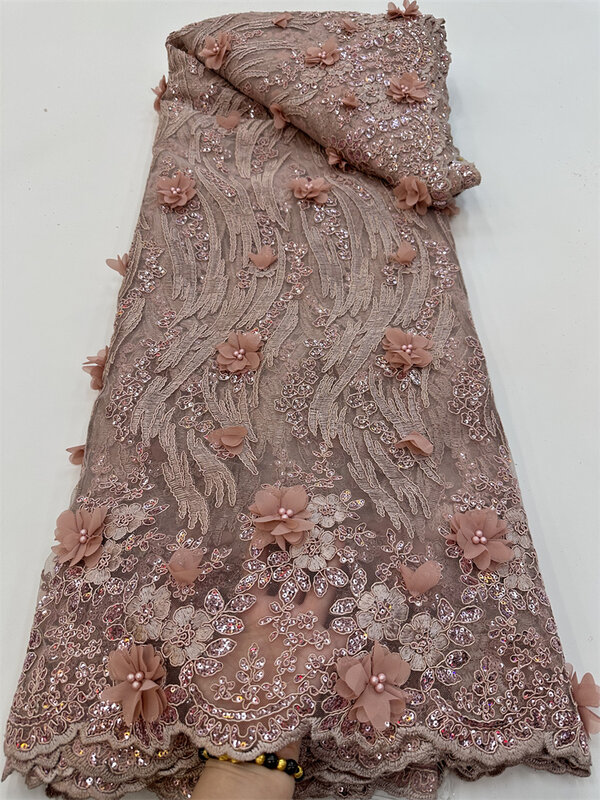 Tissu de dentelle à paillettes de fleurs 3D français, haute qualité, perles de paillettes nigwin, couture de mariage, dernier cri, RF, 5 mètres, 2023