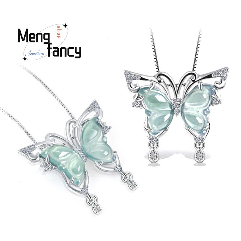 S925 Silver Inlaid Genuine Natural A-goods Jadeite Blue Water Butterfly Ice Jade Pendant Ring Exquisite Elegant Fashion Jewelry